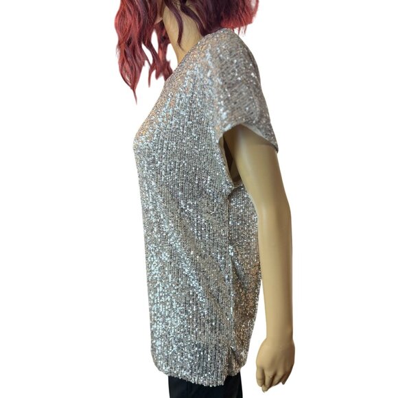 NWT - Rachel Zoe Short Sleeve Sequin Blouse in Silver Size M - Picture 4 of 6